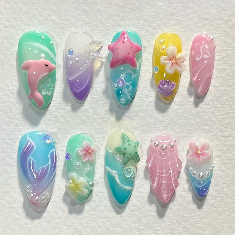 3D Printing Nails - 30枚入り サマープレスオンネイル 3Dオーシャン スターフィッシュ シェルデコ フェイクネイルチップ