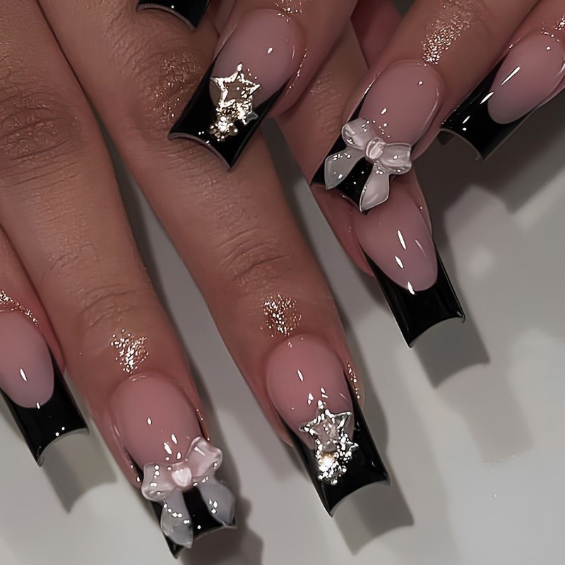 3D Printing Nails - 24個入りサマーロングプレスオンネイル、安価なミニマリストプレスネイル、光沢のある3Dリボン装飾のつけ爪、取り外し可能なソリッドブラックフレンチネイル