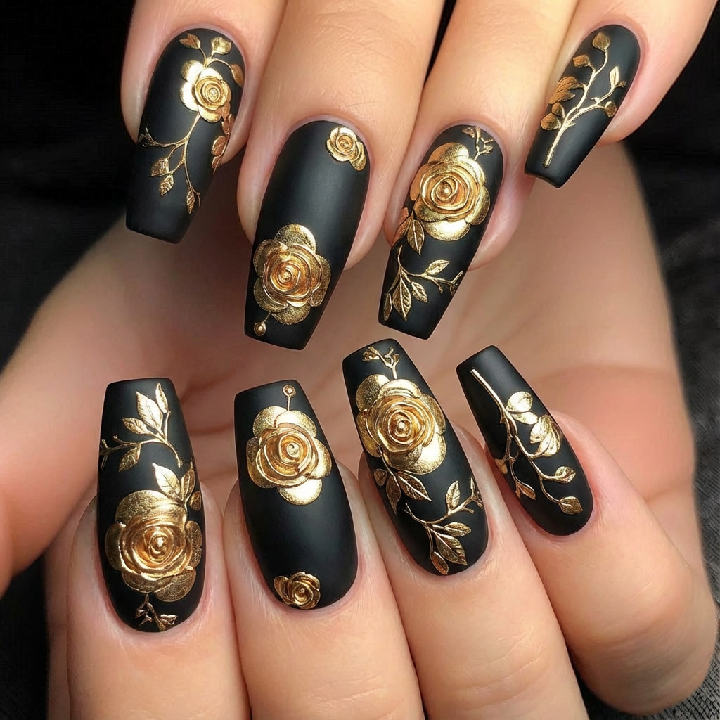 3D Printing Nails - バレンタインデー用の女性・女の子向け3Dフェイクネイル、ゴールド・シルバーの金箔ローズフラワー、バレエアーモンドチップ、プレスオンつけ爪ネイルアート