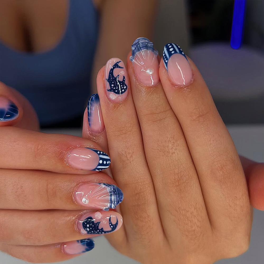 3D Printing Nails - 24個入り アーモンド型 3Dジェルネイル クジラ柄 パールブルー フレンチチップ付き