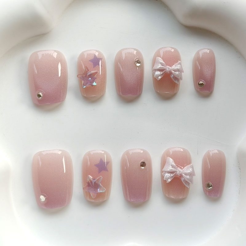 3D Printing Nails - 10個入り ティーンガールファッション キュートなピンクパープルのリボン付き ラブリーな3Dスターネイルアート つけ爪 フェイクネイル