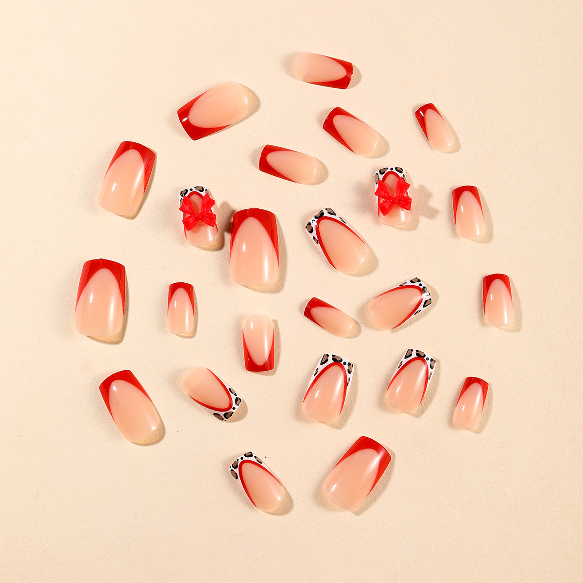 24枚の赤いフレンチネイルヒョウ柄エッジ3 D赤いリボン飾り - 3D Printing Nails のレビューと価格