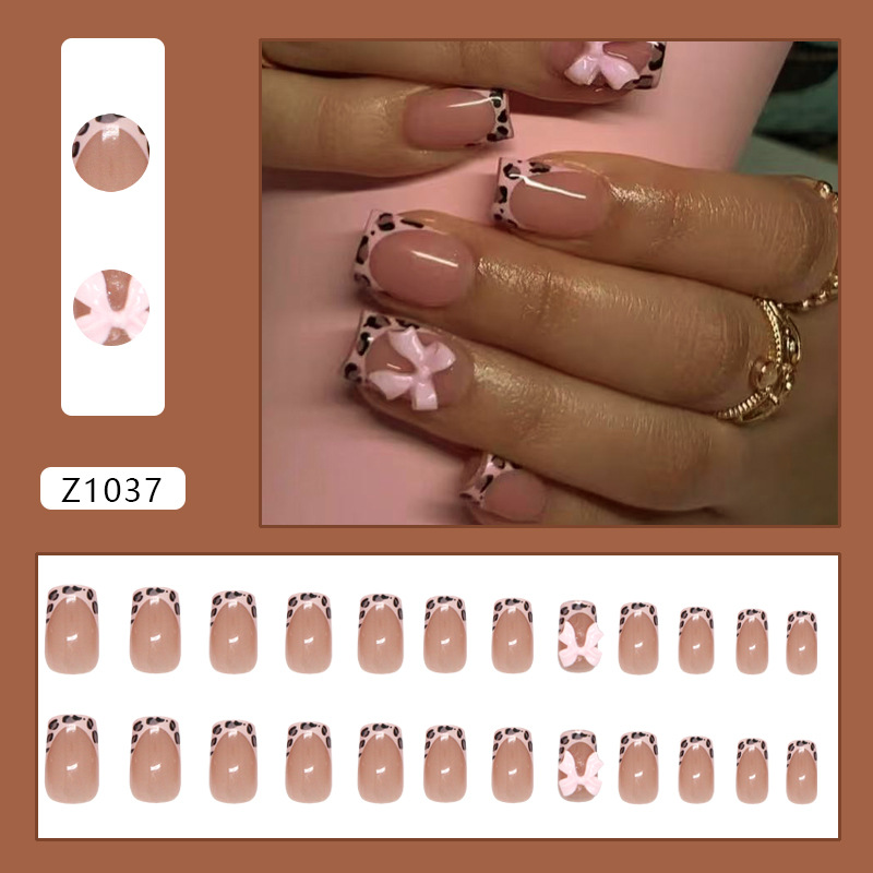 ピンクのレオパード柄フレンチチップスクエアプレスオンネイル、 - 3D Printing Nails のレビューと価格